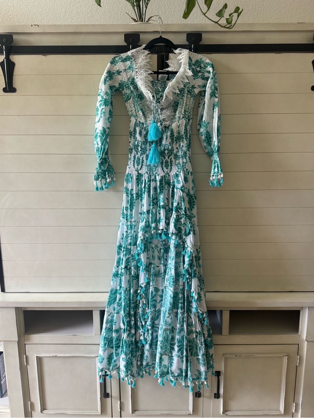 Antica Sartoria Teal Floral Maxi Dress with Tassel Tie